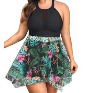 Nleyook Plus Size 22 Swimsuit (no shorts) Black/palm) High Neck.